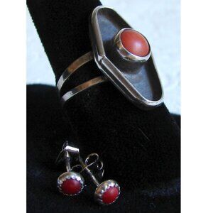 Navajo Red-Orange Coral Shadowbox Silver RING & EARRINGS Set, Sz 7, Signed D57